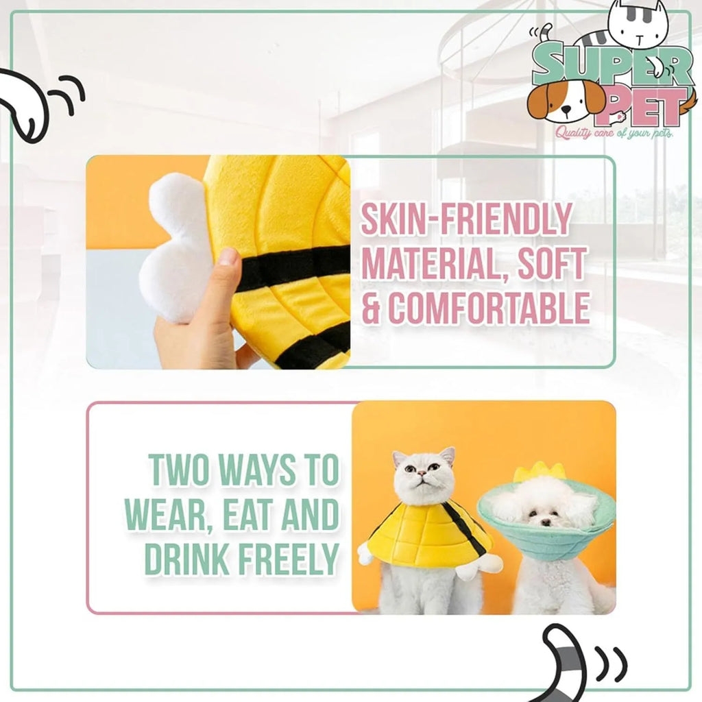 Soft bee-shaped cat cone collar with Velcro closure shown in adjustable sizing
