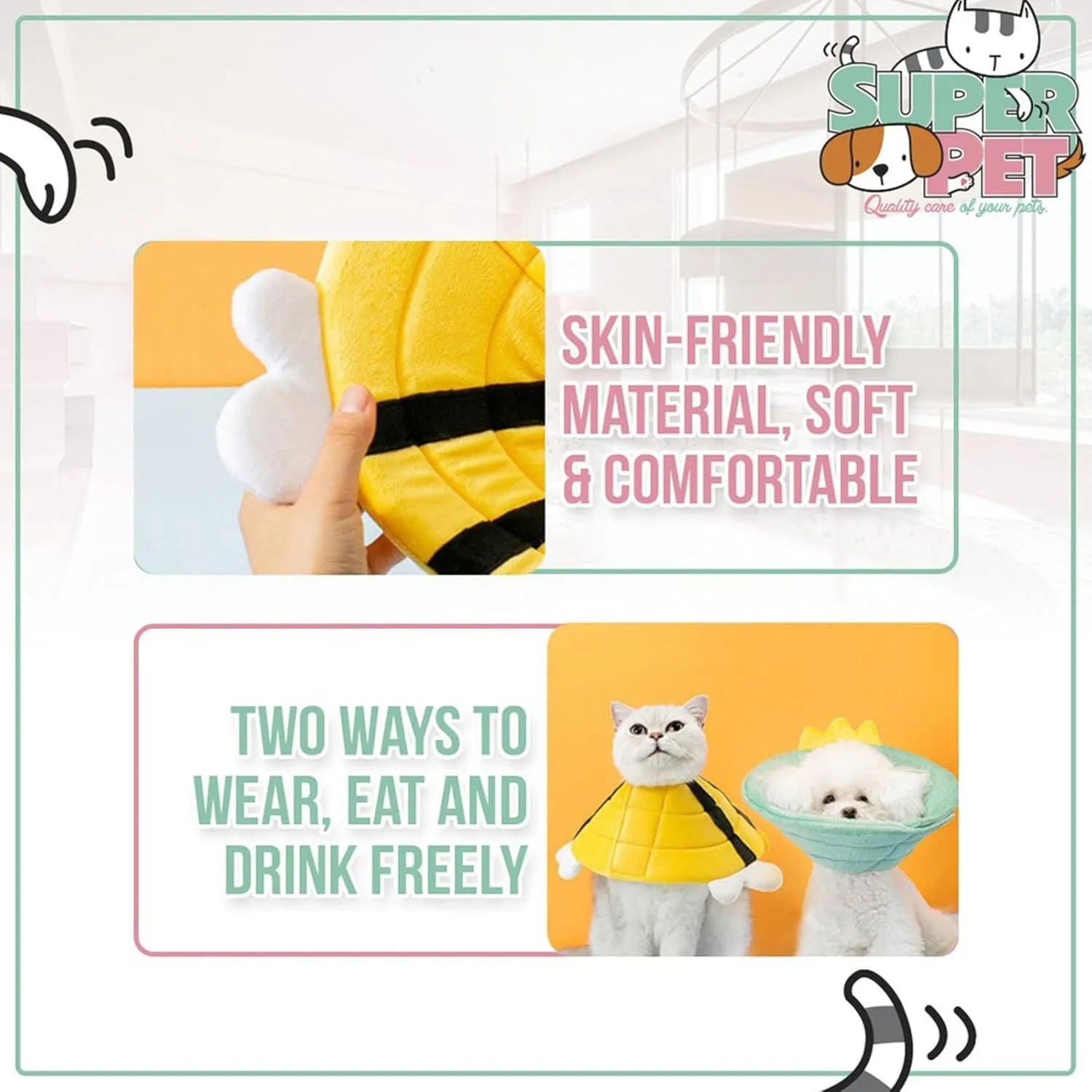 Soft bee-shaped cat cone collar with Velcro closure shown in adjustable sizing