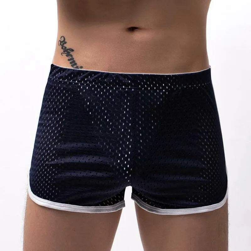 Men's cotton three-point fly boxer shorts in black, grey, dark blue, light blue, and white.