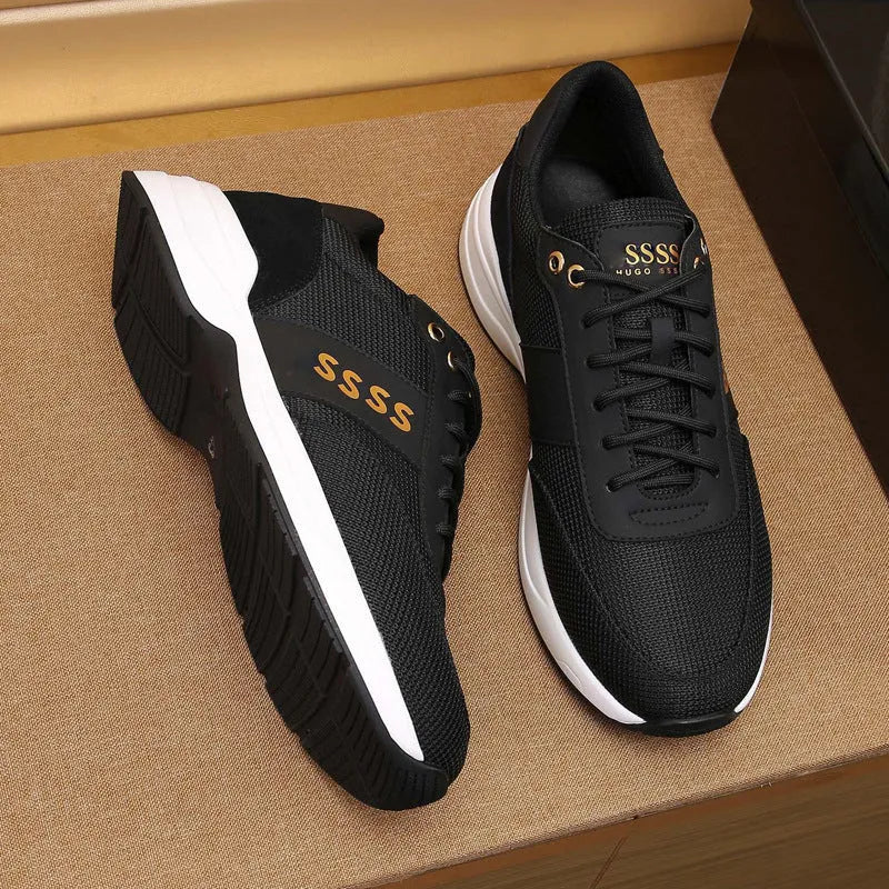 Men's black leather sneakers first layer cowhide upper round toe rubber sole