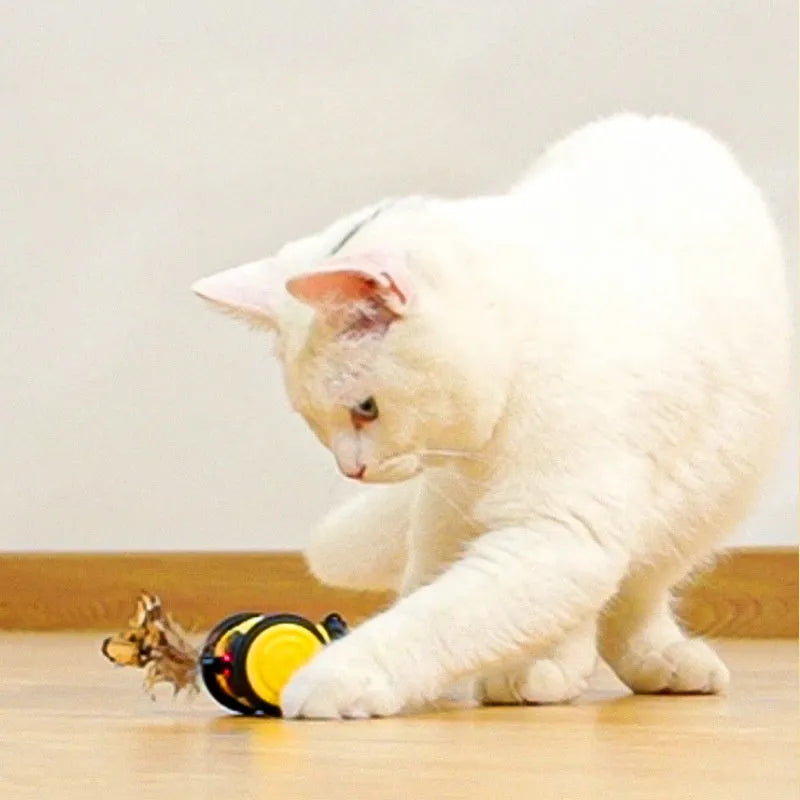 Electric bee-themed cat toy with feather attachments in pink or yellow colour options