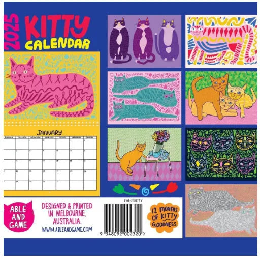 A3 Cat Calendar Wall Planner showing colourful monthly illustrations with hanging cord.
