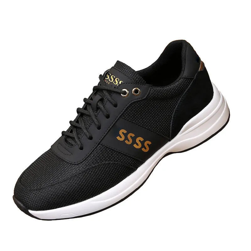 Men's black leather sneakers first layer cowhide upper round toe rubber sole