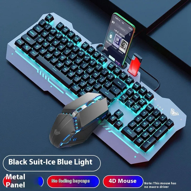 Black and white wired mechanical-feeling keyboard mouse headset bundles with RGB or blue backlighting