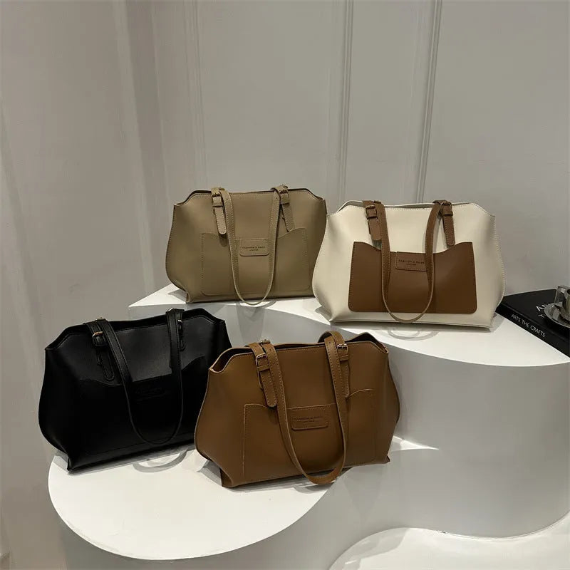 Women's PU tote bag in urban simplicity style, available in black, brown, khaki, white, with sandwich pocket and double straps