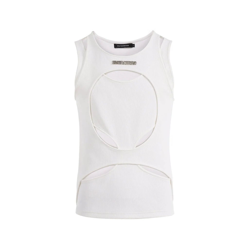 Man's loose fit sleeveless waistcoat in white hollow thread fabric, showing round neck and pullover design.