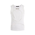 Man's loose fit sleeveless waistcoat in white hollow thread fabric, showing round neck and pullover design.