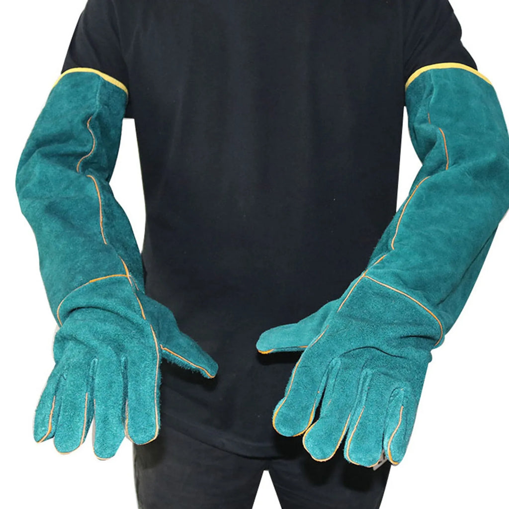 A pair of dark green, long-cuff leather animal handling gloves with a cotton lining for bite and scratch protection.