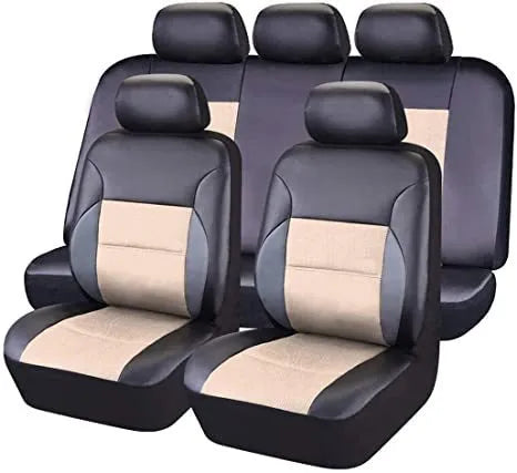 Artificial leather car seat cover set shown in vehicle with colour options and different set configurations