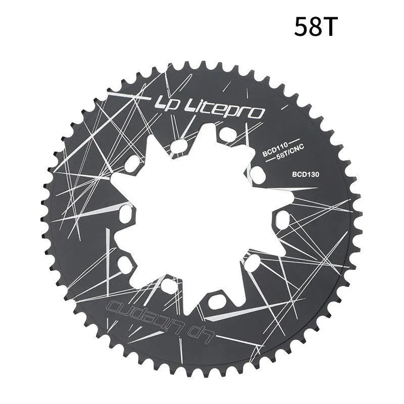 Silver aluminium alloy oval bicycle chainring with CNC machining marks on a white background