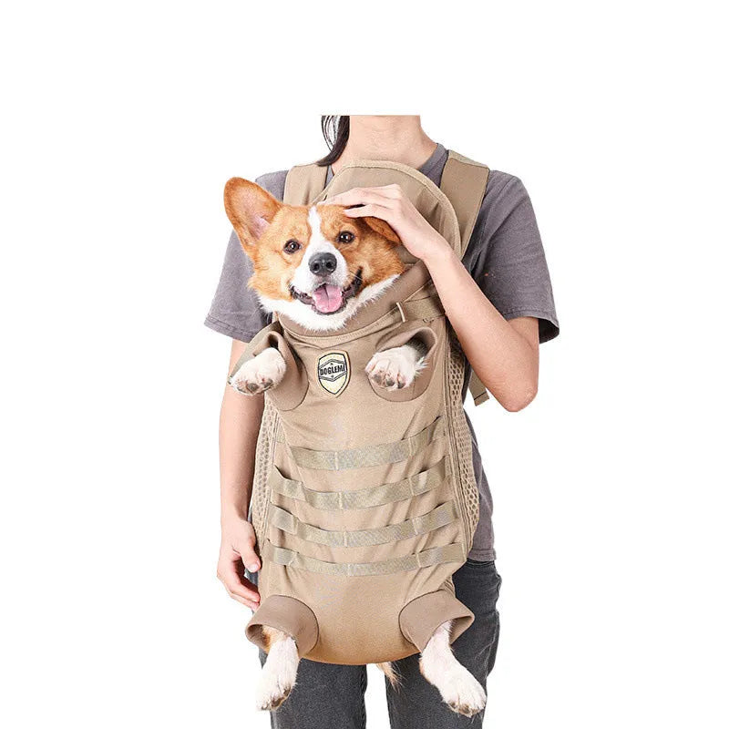 Khaki polyester pet dog backpack for medium dogs, breathable design, available in two sizes for 9-16kg pets
