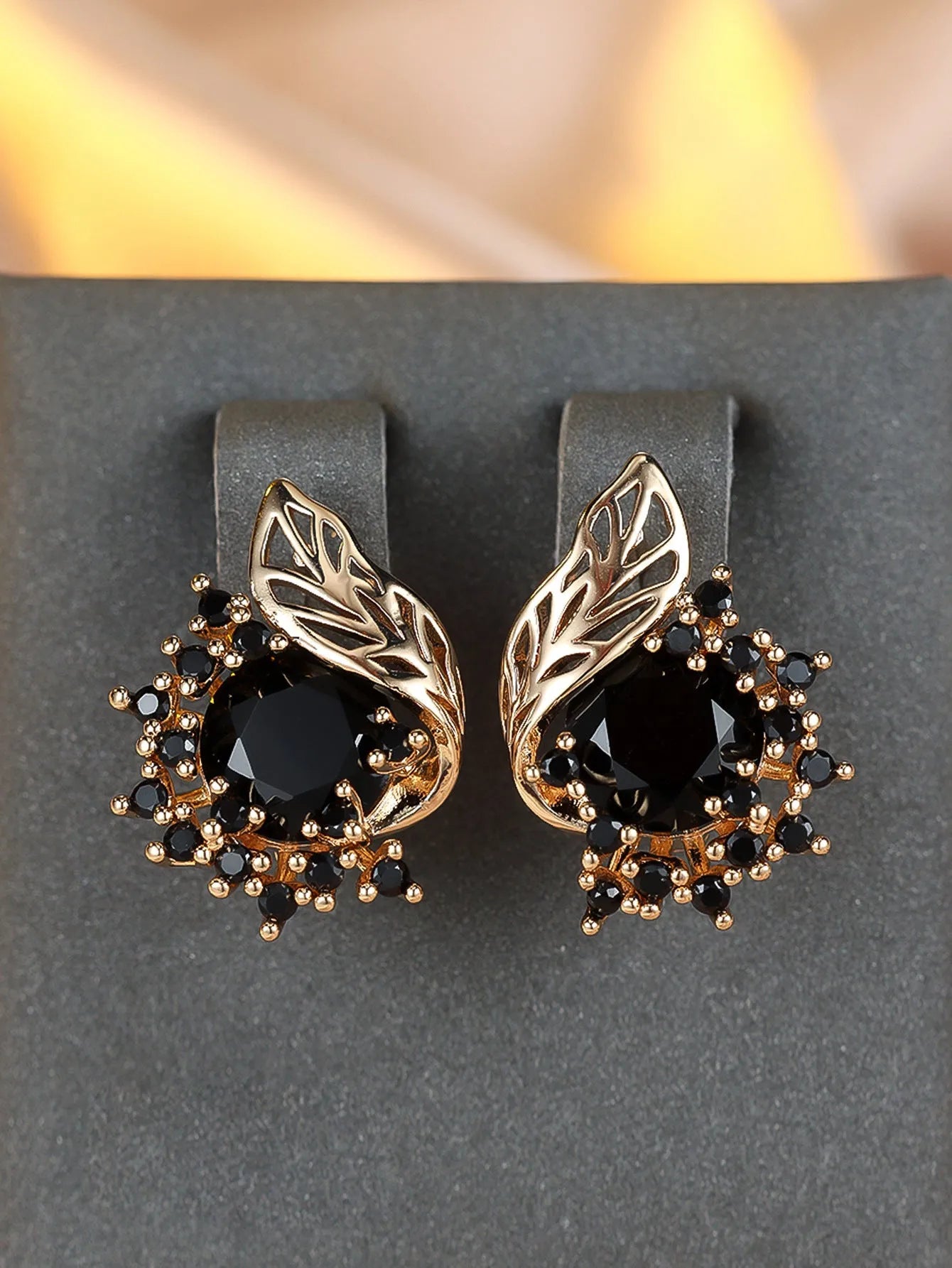 Round floral feather zircon earrings in rose gold with coloured diamond options