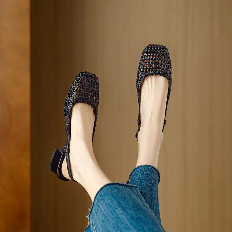 Women's beige woven hollow-out sandals with a square toe, chunky block heel, and adjustable ankle strap buckle.