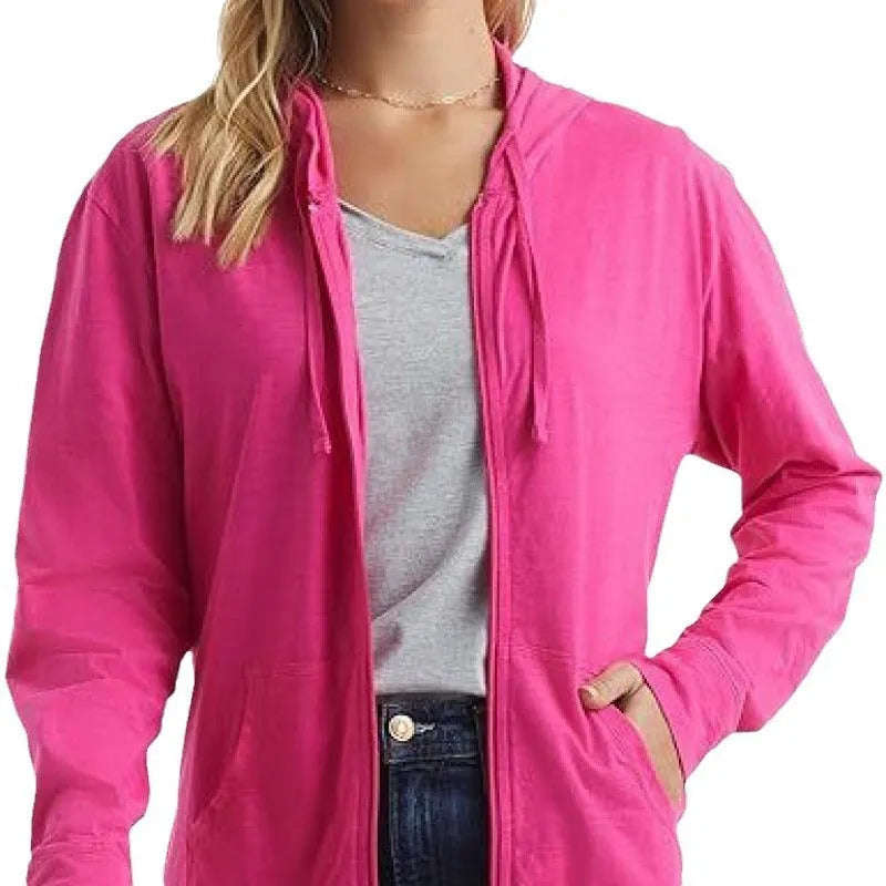 Women's loose fit polyester hoodie in solid colour with long sleeves, available in black, white, grey, dark blue, sky blue, dark pink.