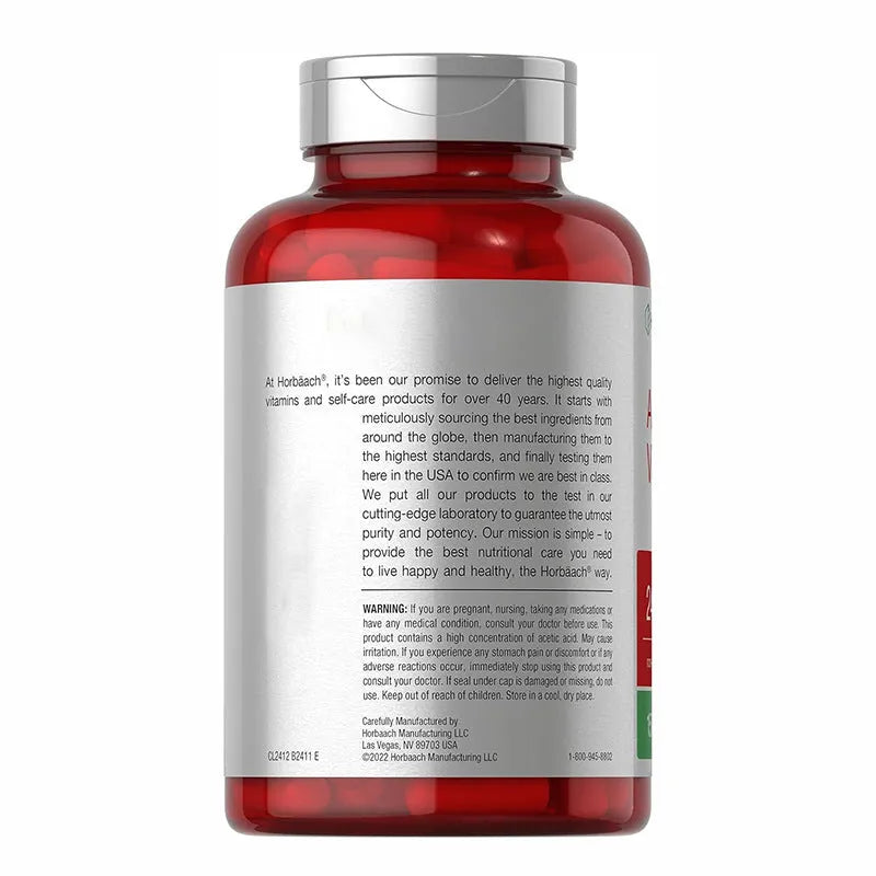 Bottle of apple cider vinegar capsules containing 150 tablets as dietary supplement