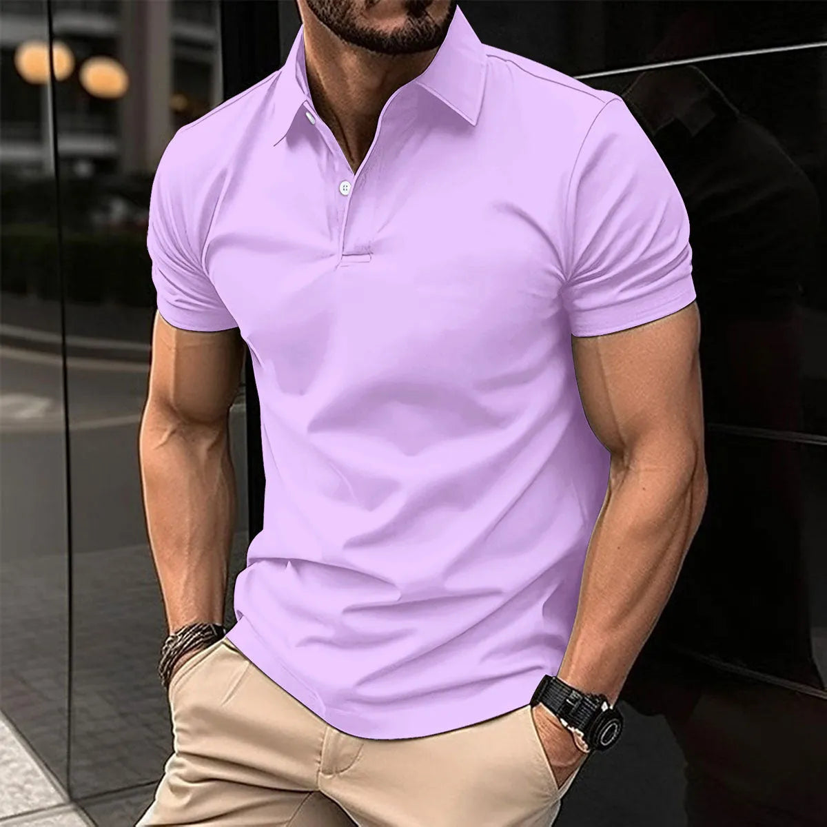 Men's solid colour short sleeve polo shirt with a button-down lapel collar, shown in a light green colour.