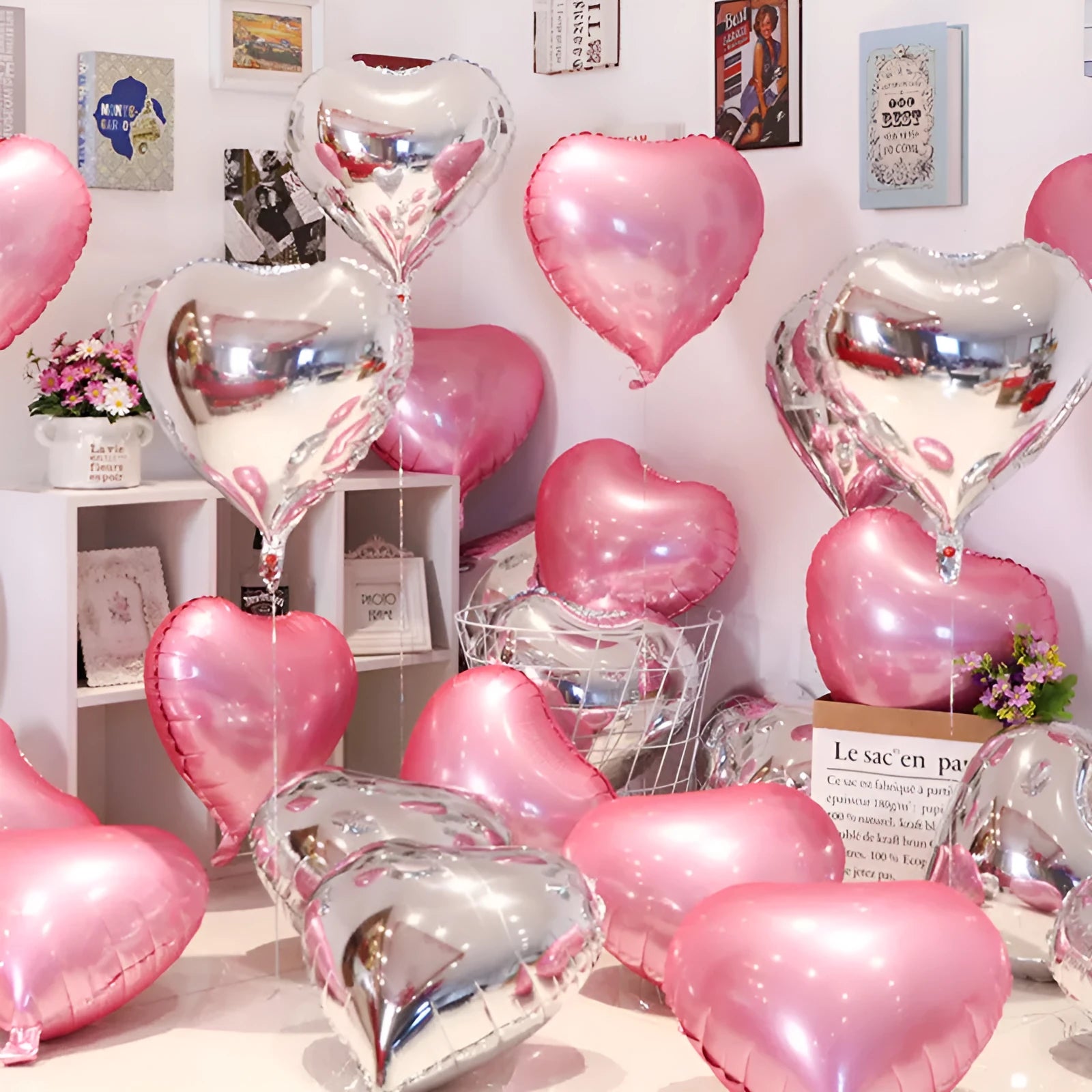 Set of five metallic peach heart shaped aluminium foil balloons in red, blue, and silver colours.