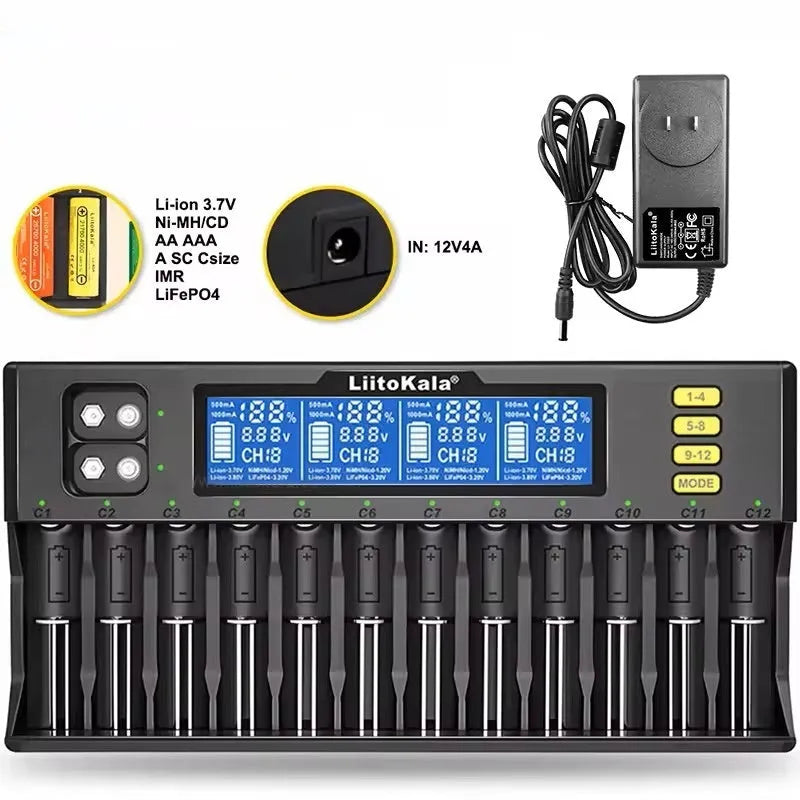 LiitoKala Lii-S12 12-slot LCD battery charger black with 12 batteries inserted on display