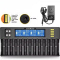 LiitoKala Lii-S12 12-slot LCD battery charger black with 12 batteries inserted on display