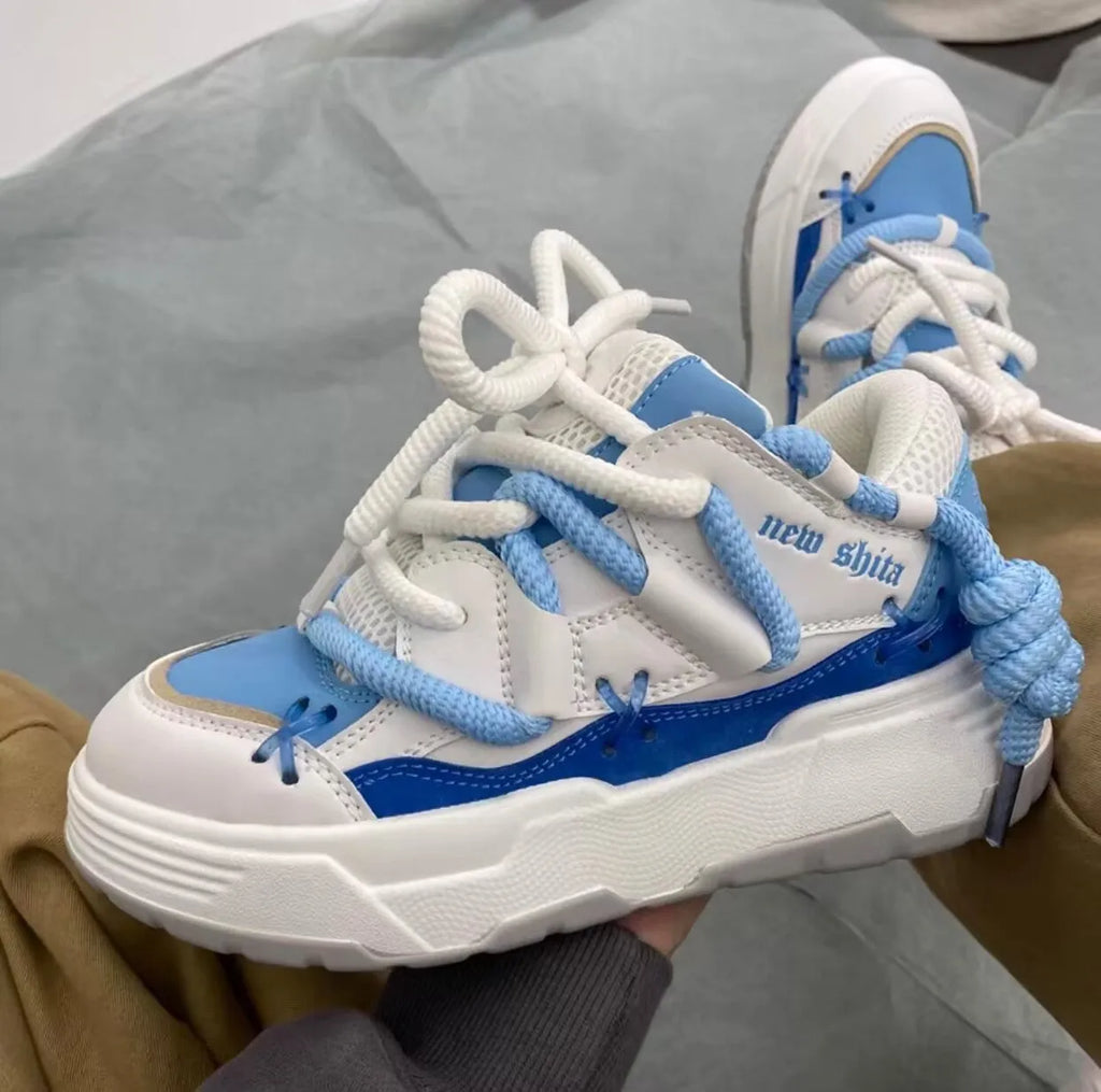 Women's grey thick sole retro sneakers with lace-up front and chunky 6-8cm heel