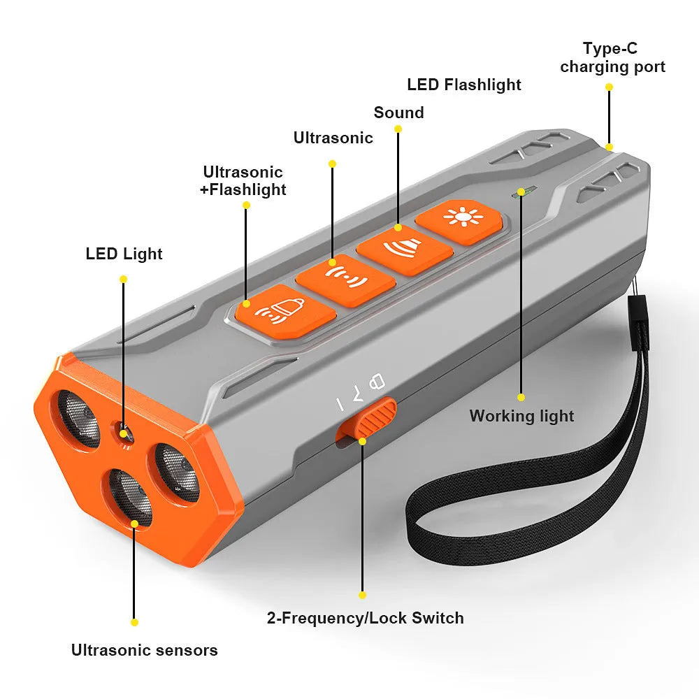 Three-head ultrasonic dog trainer with remote control in grey and orange colour scheme.