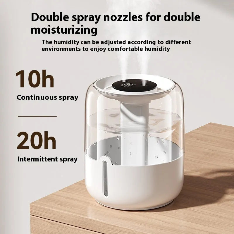 Beige round USB humidifier with dual spray nozzles, night light, and humidity display