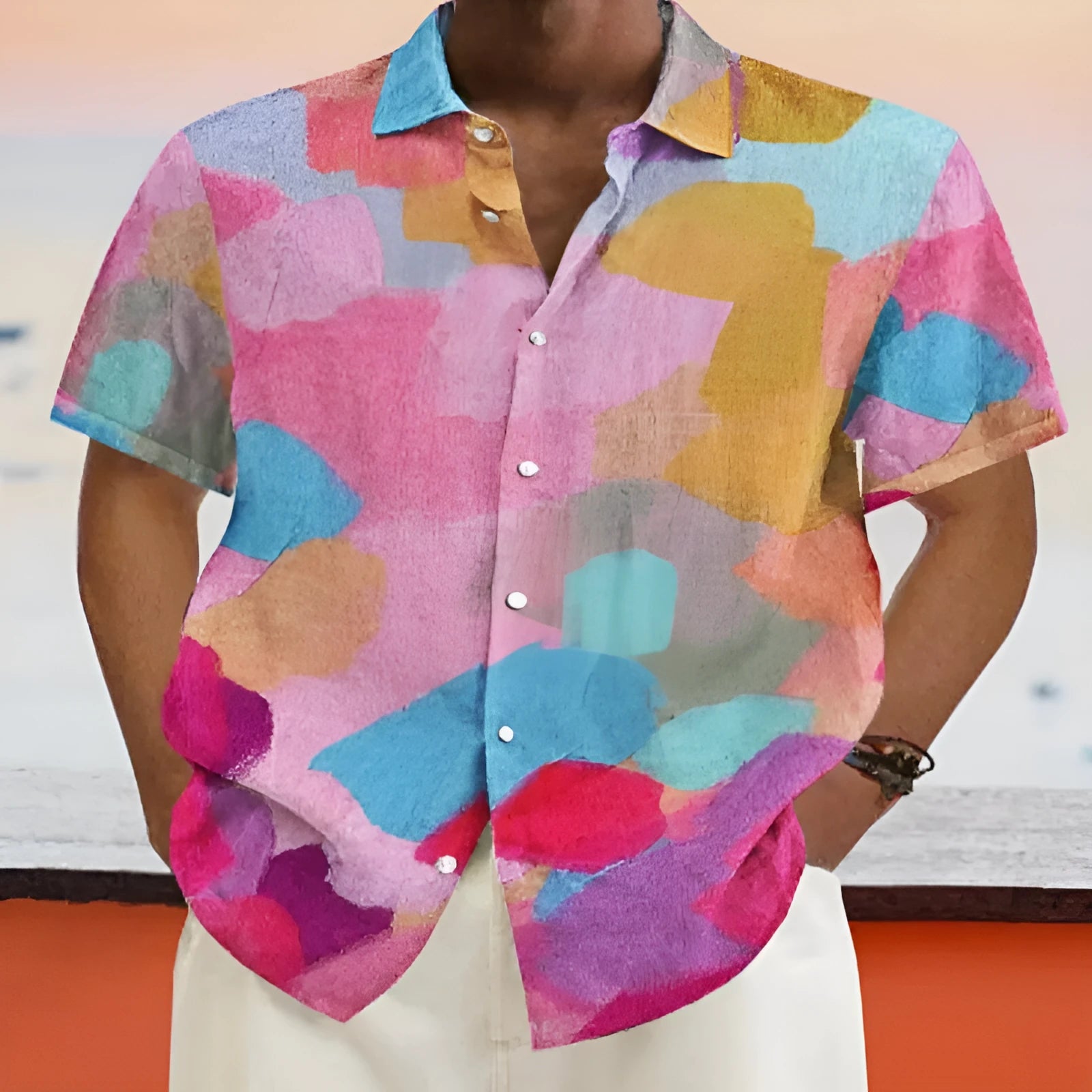 Hawaiian style short sleeve cardigan with 3D printed pattern and stand collar, shown in picture colour.