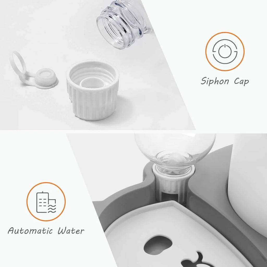 Grey panda-shaped pet feeder with automatic water bottle and tilted stainless steel bowls