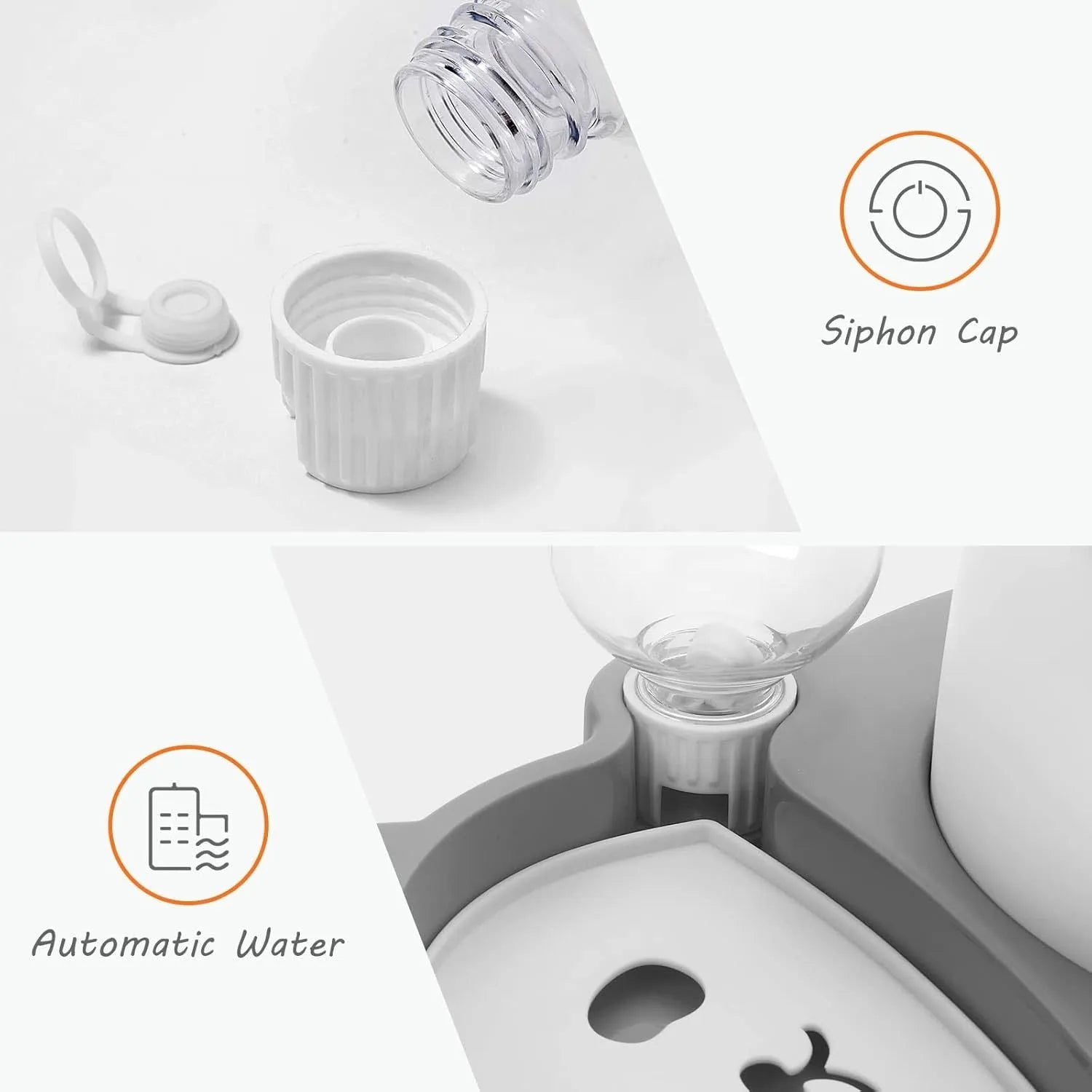 Grey panda-shaped pet feeder with automatic water bottle and tilted stainless steel bowls