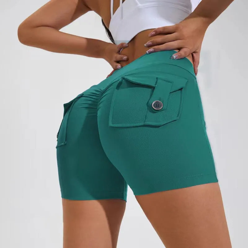 Women's high waist hip lifting shorts with side pockets in quick-dry nylon fabric