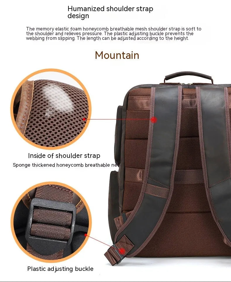 Dark brown Retro Crazy Horse leather backpack for a 17-inch laptop, showing embossed details and double straps.