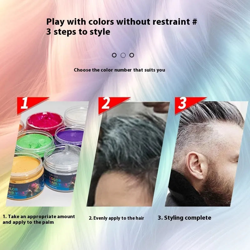 120g hair styling clay container showing colour options including blue, green, purple and rose red