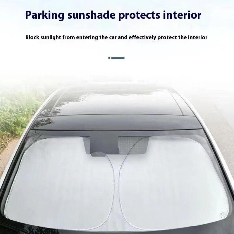 Titanium silver aluminium foil car sunshade laid flat, showing its reflective solid colour surface.