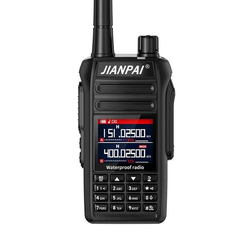 Black Interphone Aviation Full Band waterproof motorcycle Bluetooth communication headset with antenna and accessories.