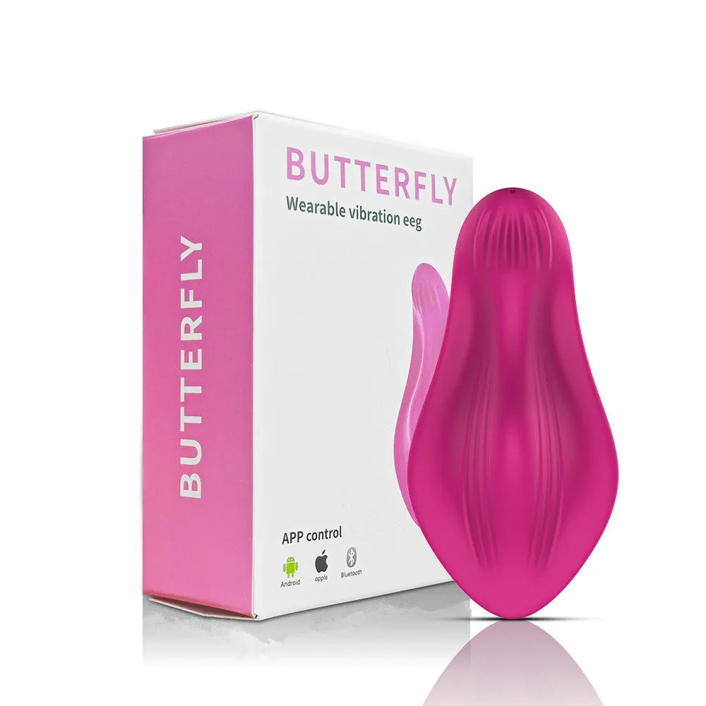 Rose red wearable female massager with cute butterfly design, USB charging port