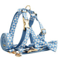 Blue cloth dog vest with triangular rope design, matching collar, leash and bow in a four-piece pet accessory set