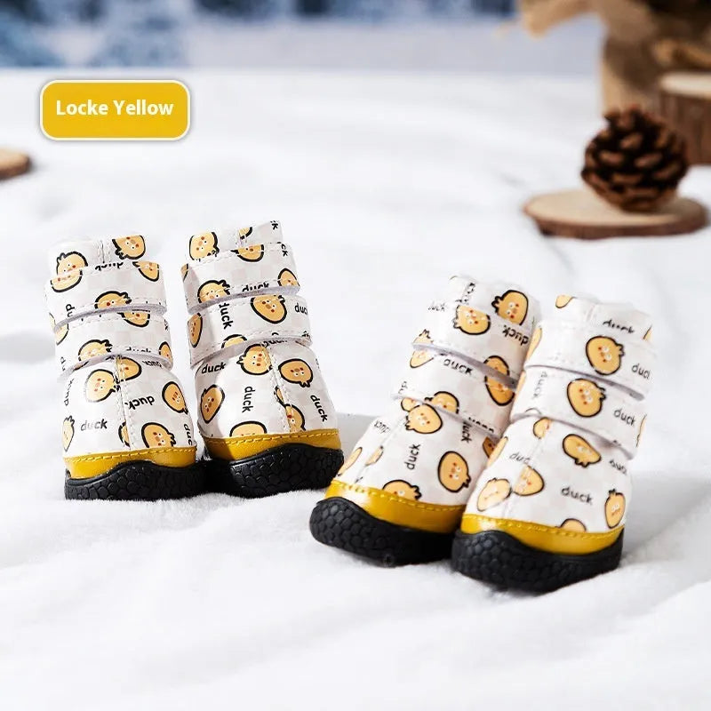 Fleece-lined pet cotton shoes with rubber sole in black, blue, and yellow for small dogs