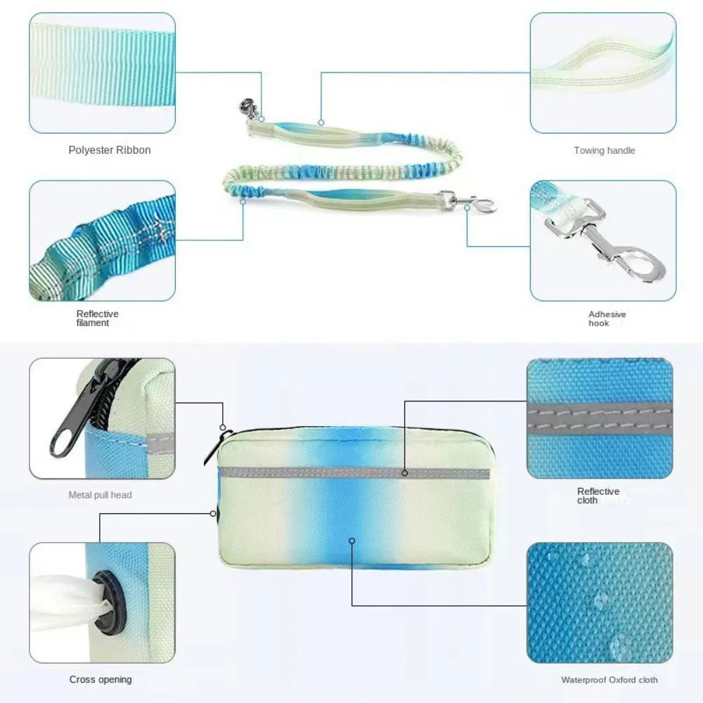 Hands-free adjustable dog leash with reflective traction rope and waist belt in blue