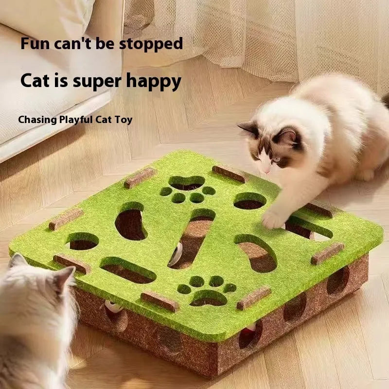Square felt cat toy box with multiple entry holes for hide-and-seek play