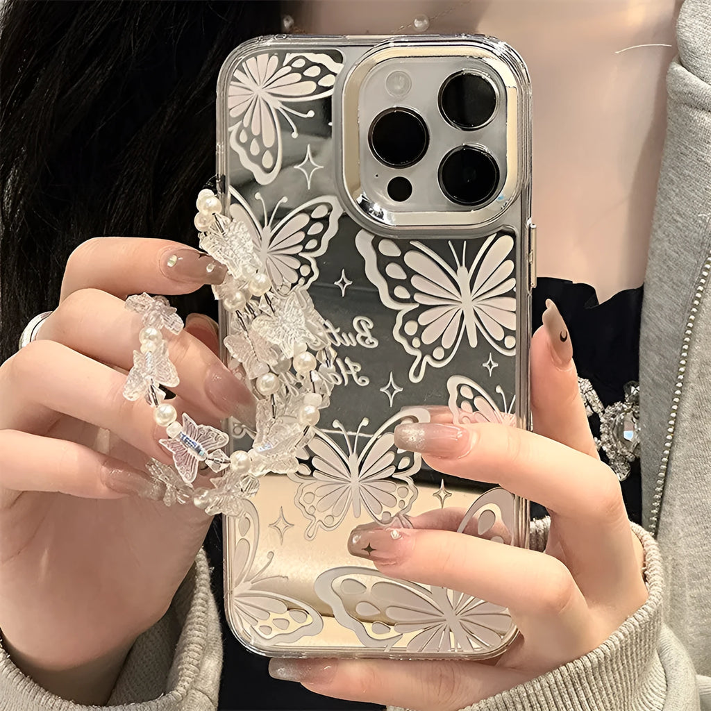 Three-in-one transparent TPU phone case with mirror, bow, and bracelet for iPhone 15 Pro Max