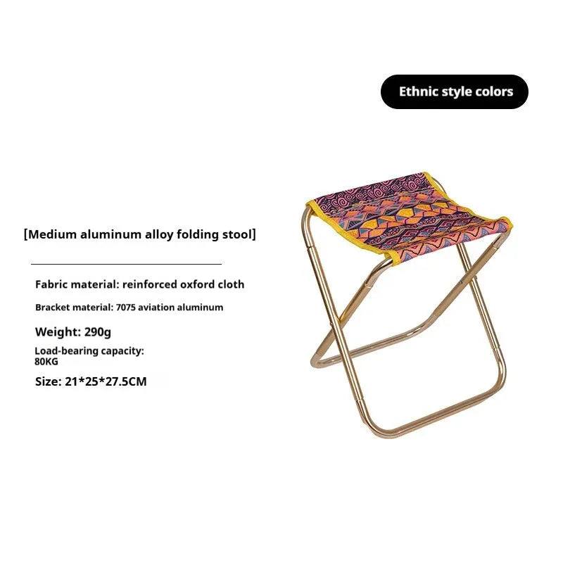 Black aluminium alloy folding camp stool shown in open and folded positions for portable outdoor seating.