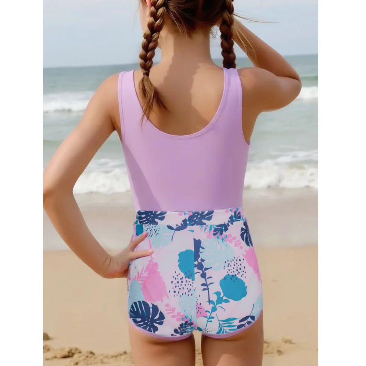 Girls' two piece swimsuit set with one piece and boxer shorts in blue, purple, and rose red, sizes 130 to 160, polyester fabric