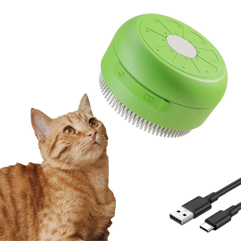 Green and yellow rechargeable cat dog steam brush with silicone bristles for pet grooming