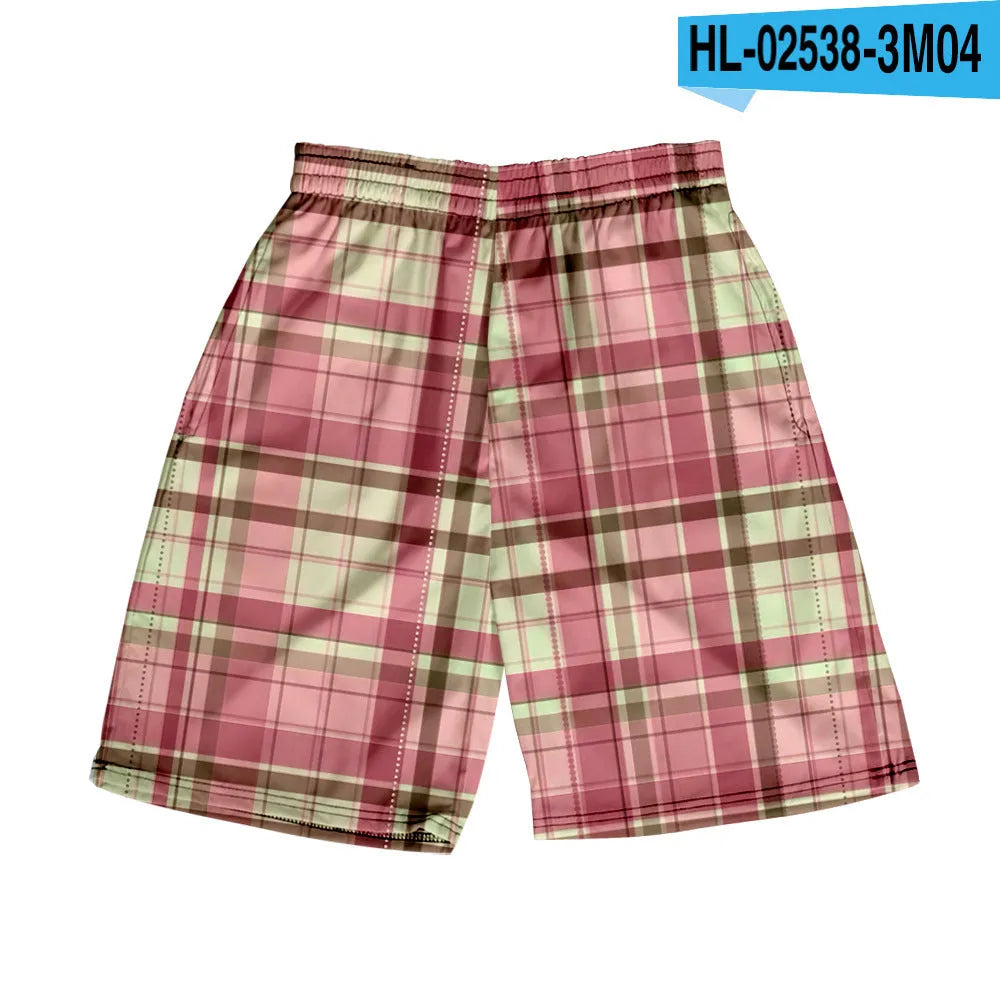 Men's blue and white plaid casual polyester shorts with an elastic waistband.
