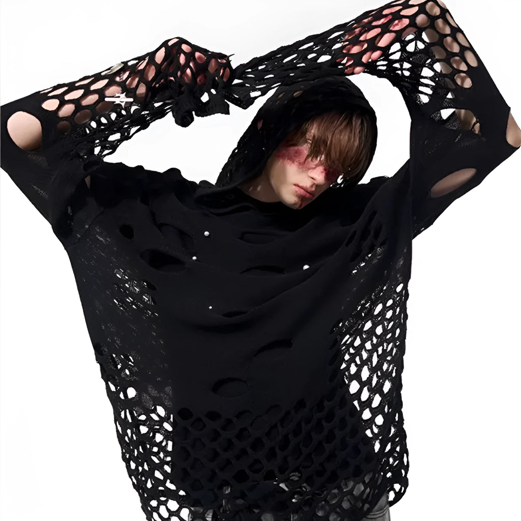 Black men's hooded sweater with pearl decoration on hood showing loose fit and pullover design
