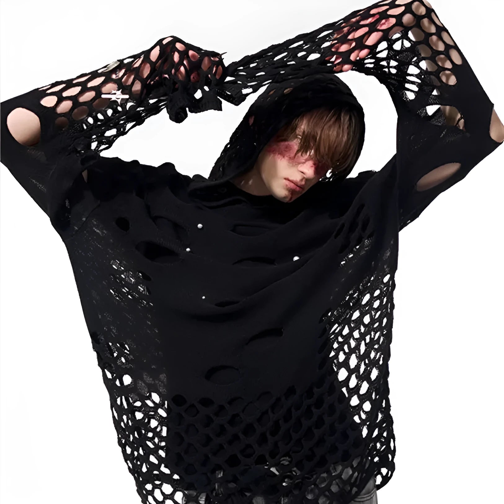 Black men's hooded sweater with pearl decoration on hood showing loose fit and pullover design