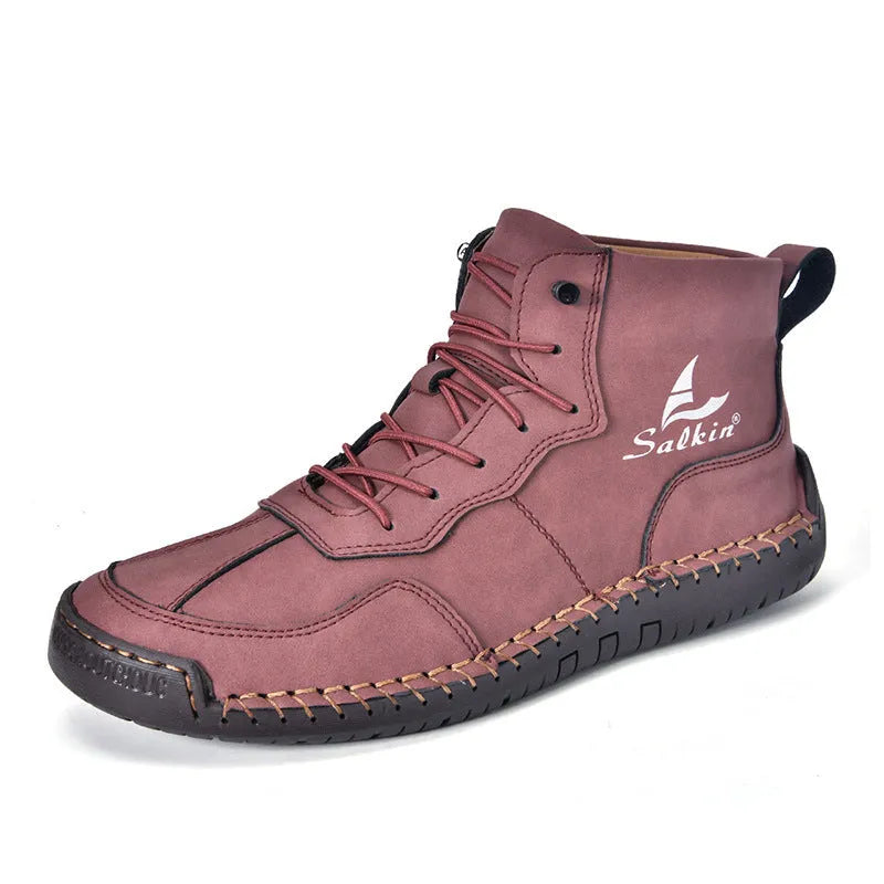 Men's retro-style high-top casual boots in frosted PU leather with elastic band closure and round toe.