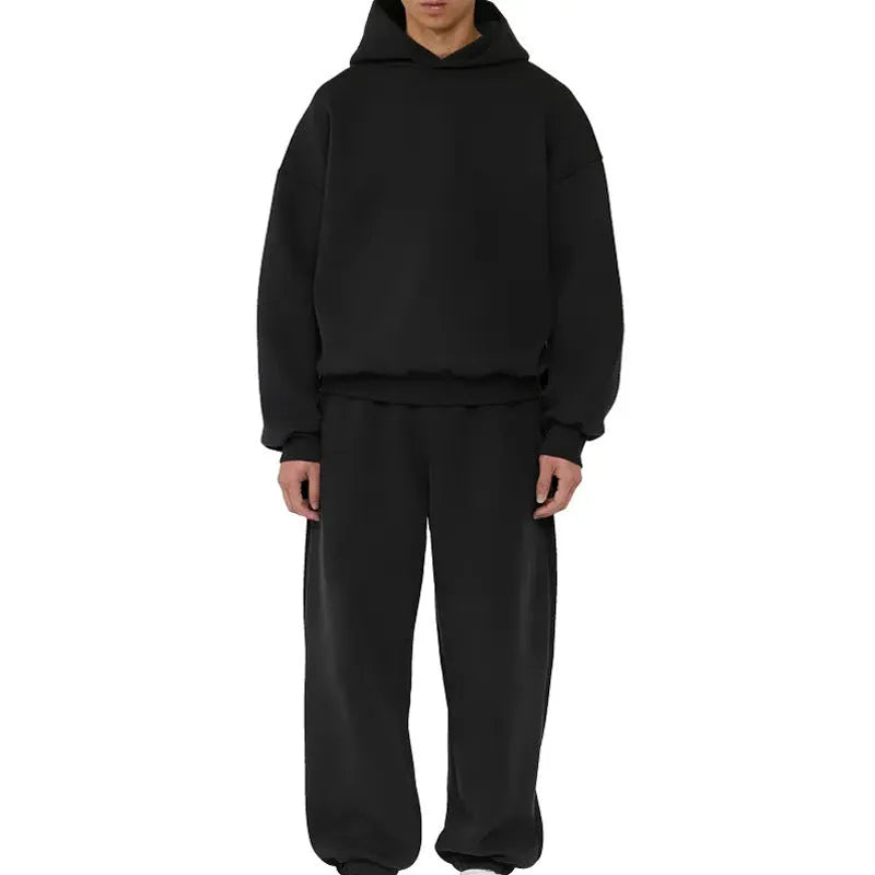 Men's solid colour fleece-lined cotton hoodie sweater with a pullover design and wool lining.