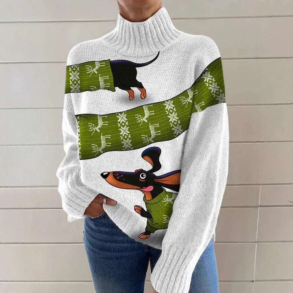 Women's loose fit printed turtleneck sweater in a macaron colour with a painting pattern design.