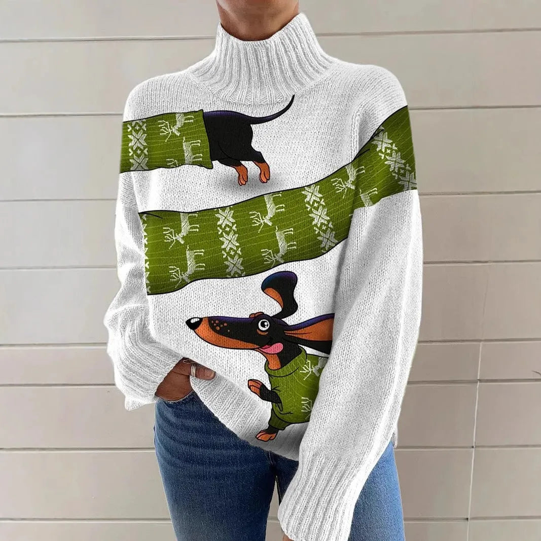 Women's loose fit printed turtleneck sweater in a macaron colour with a painting pattern design.